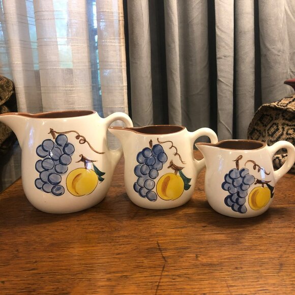 Stangl Fruit Pattern Pottery Pitchers Set of 3 Pint Half Pint 6oz Creamer Milk P - Picture 3 of 11